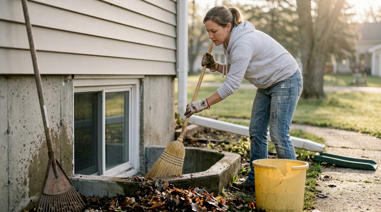Homeowner clearing debris from house window well