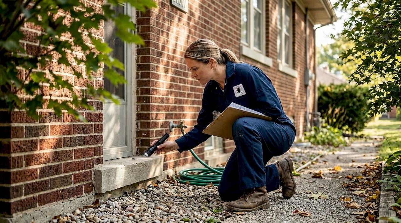 Pest inspector checks Illinois brick home's foundation