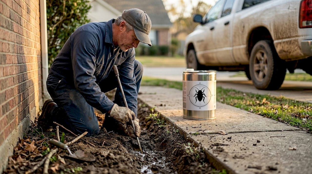Technician applies soil termite barrier near foundation