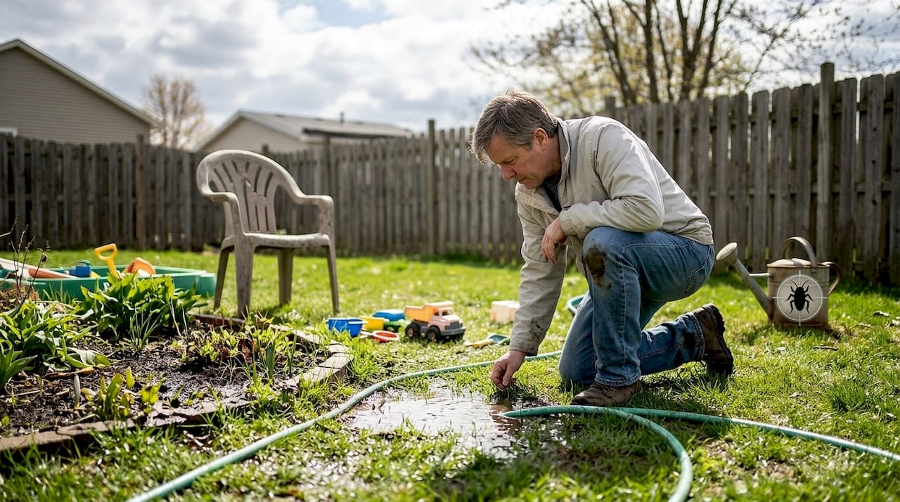 Homeowner inspecting yard for mosquito risk