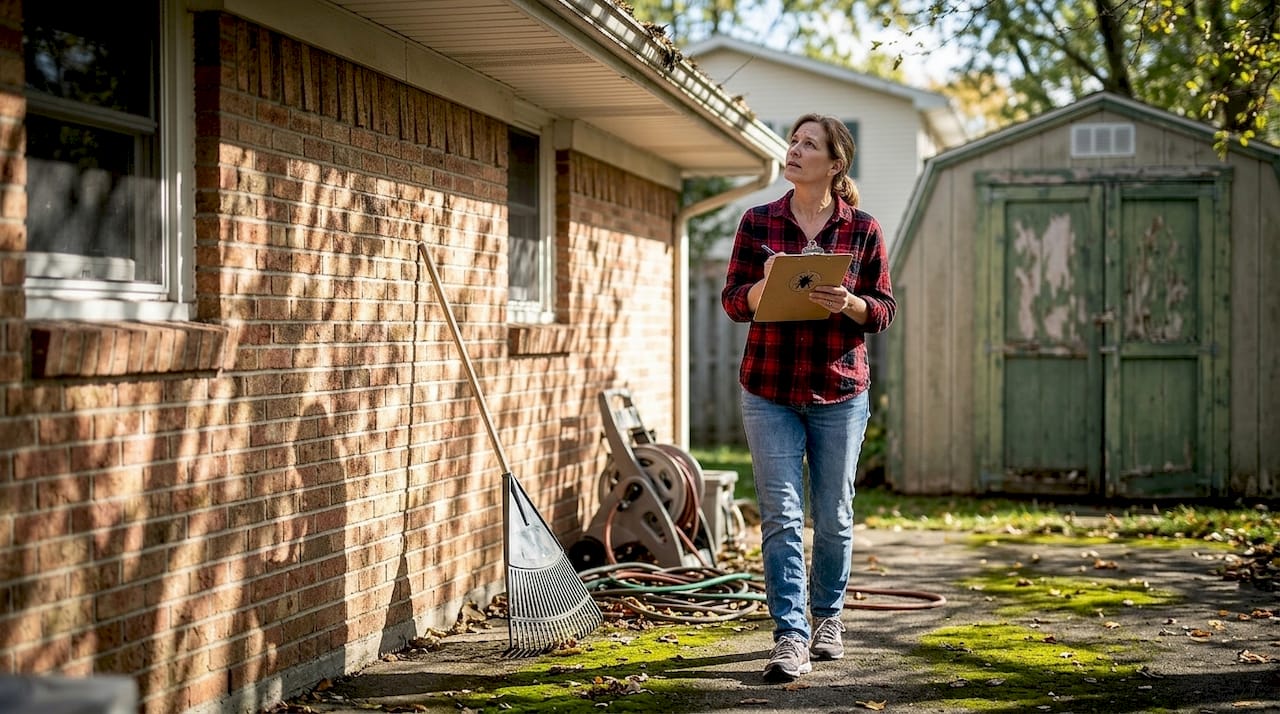 Homeowner inspecting gutters for mosquito sites