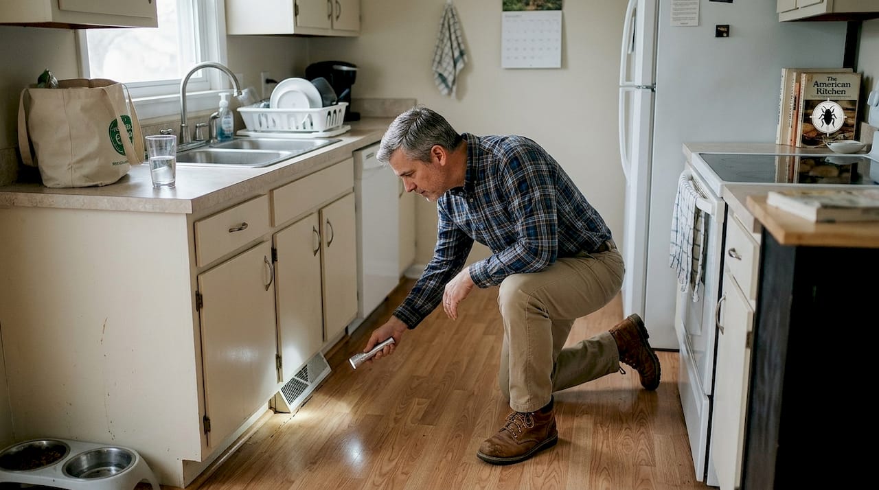 Homeowner inspecting kitchen baseboard for pests