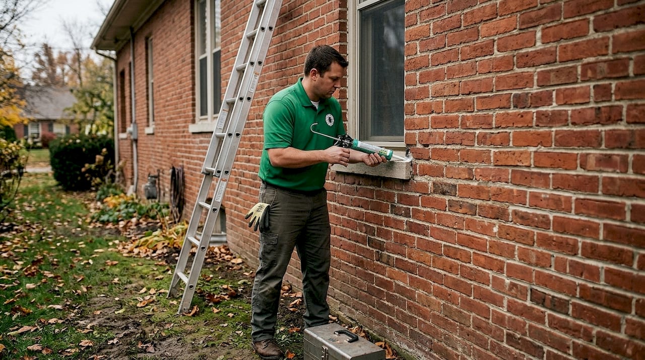 Technician sealing window gap on brick home