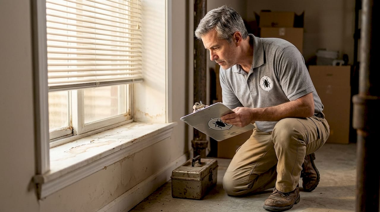 Inspector checks basement window for pests