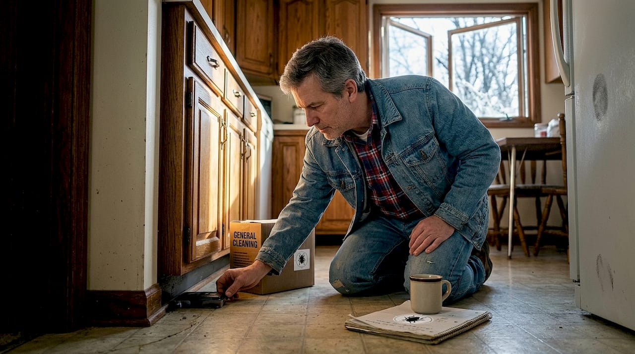 Homeowner inspecting cockroach trap in kitchen