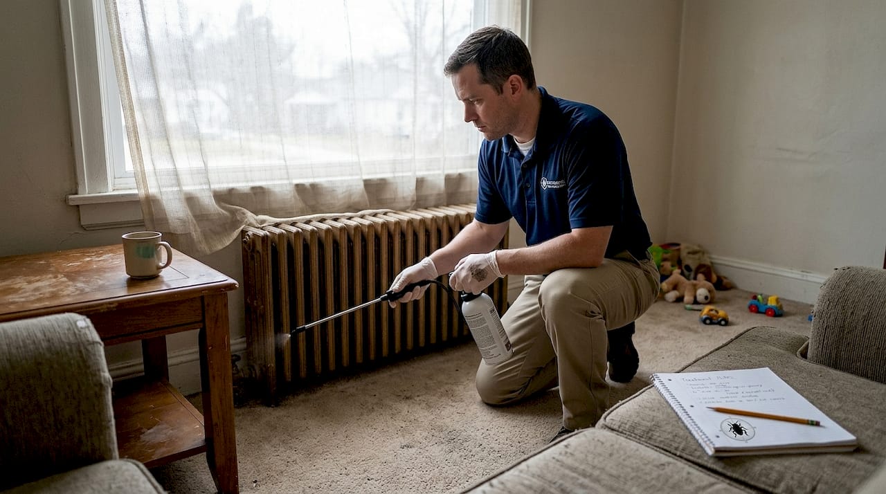 Technician applying pest spray in living room