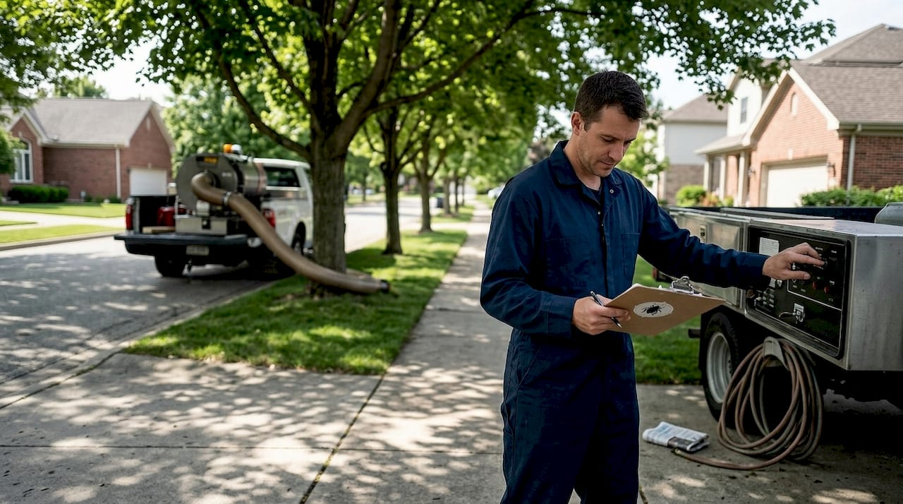 Technician prepping mosquito fogging by suburban home