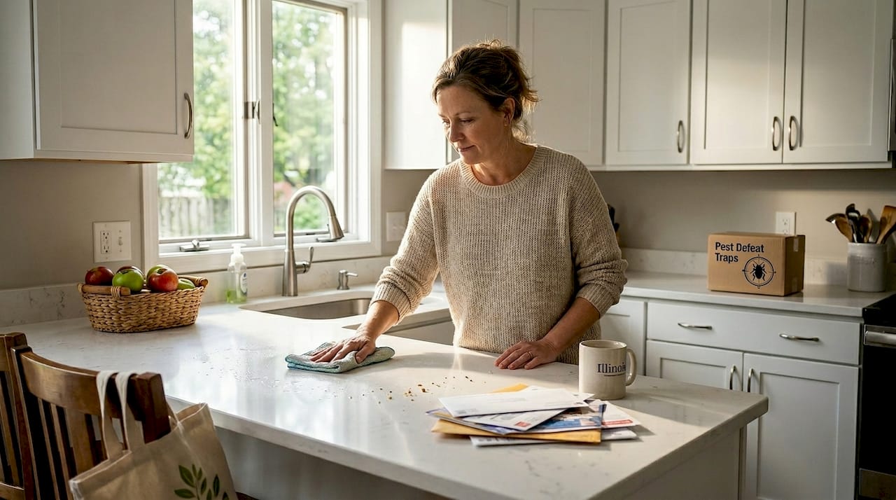 Woman uses safe pest control kitchen cleaning