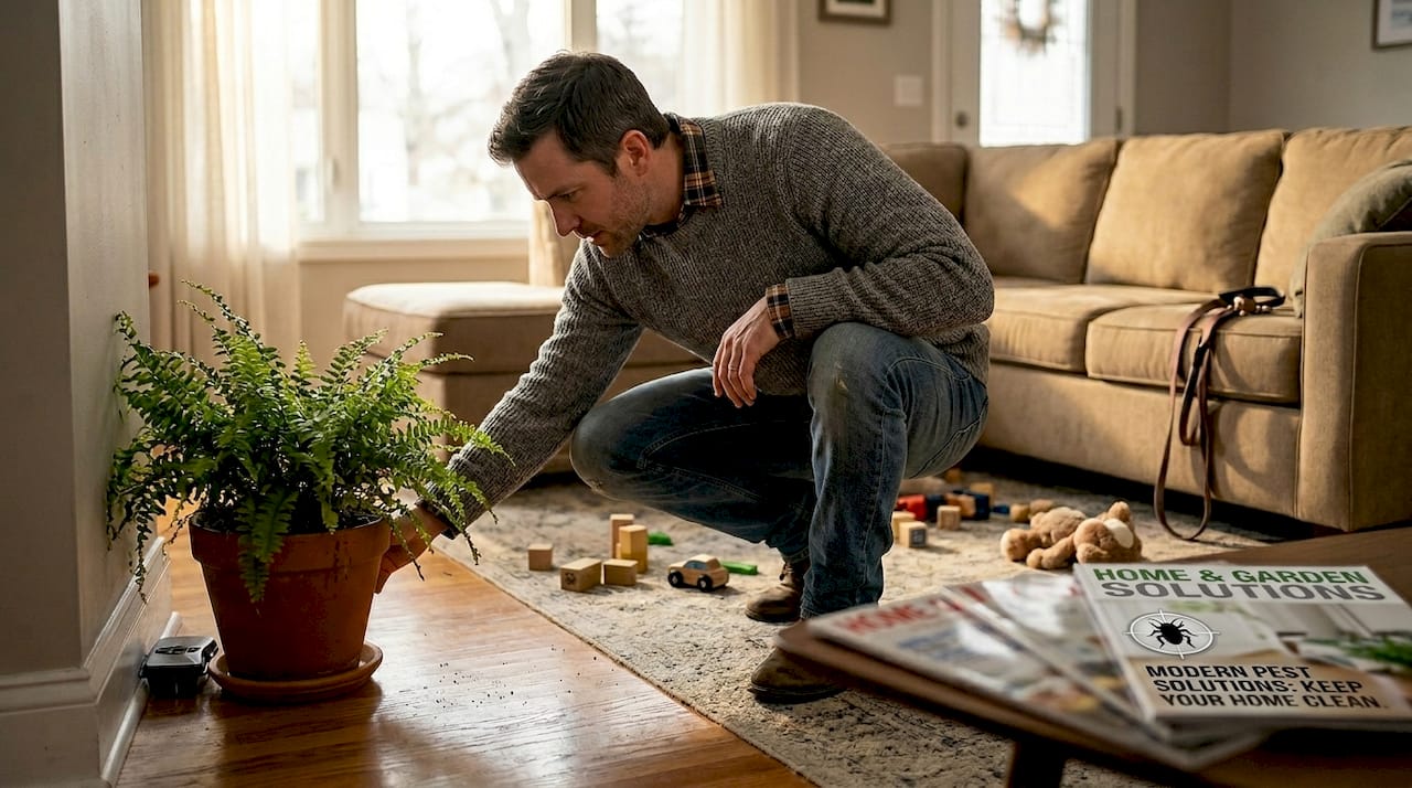 Man checks pest trap behind plant living room