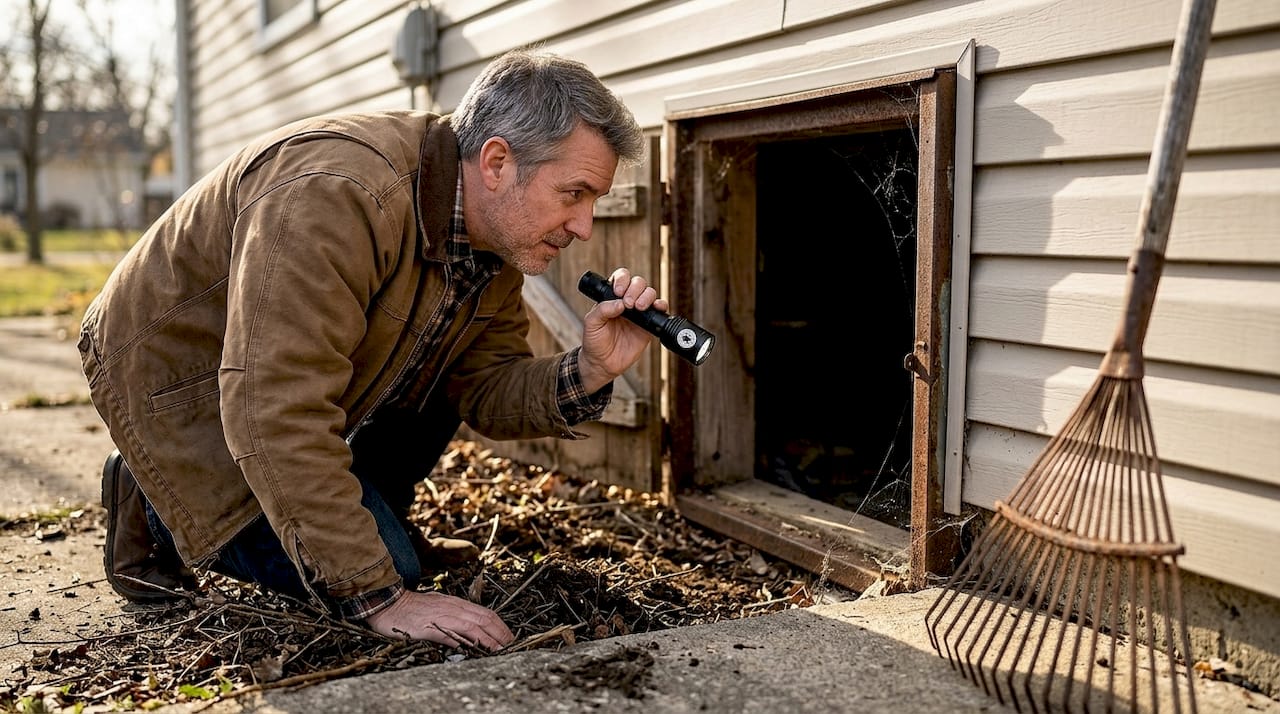 Homeowner checking crawl space for termite risk