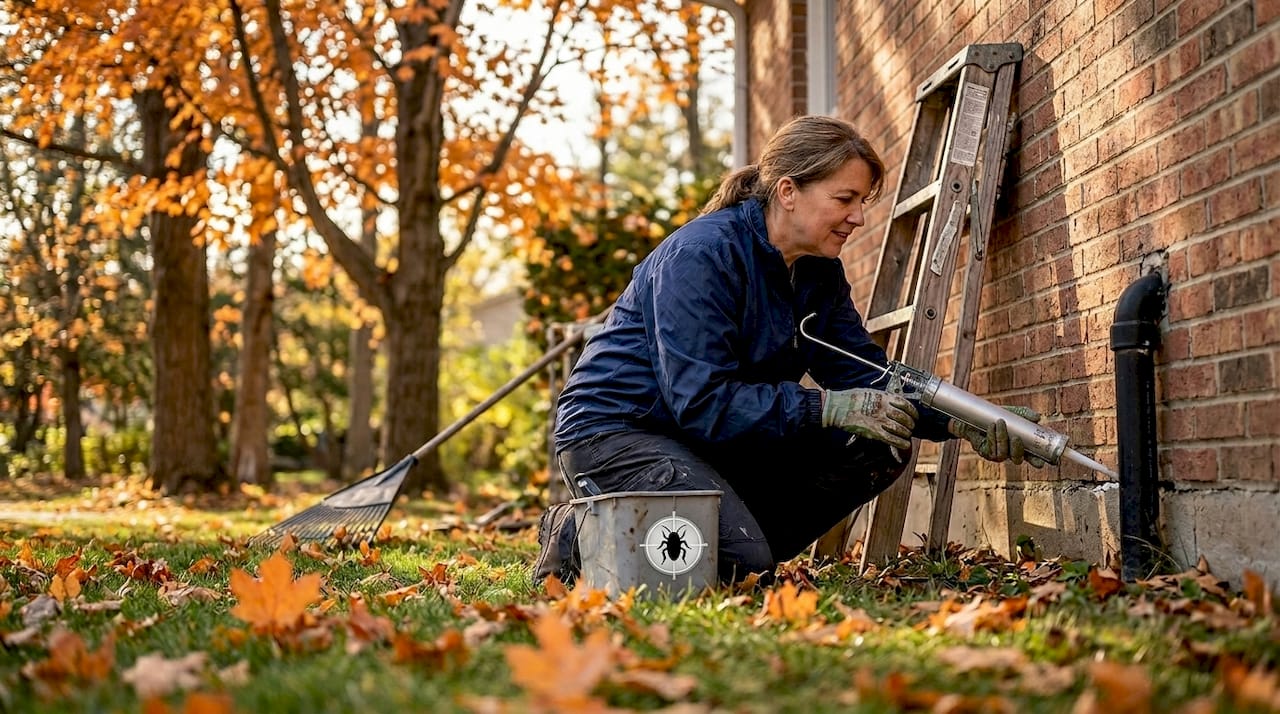 Homeowner sealing gap in brick foundation