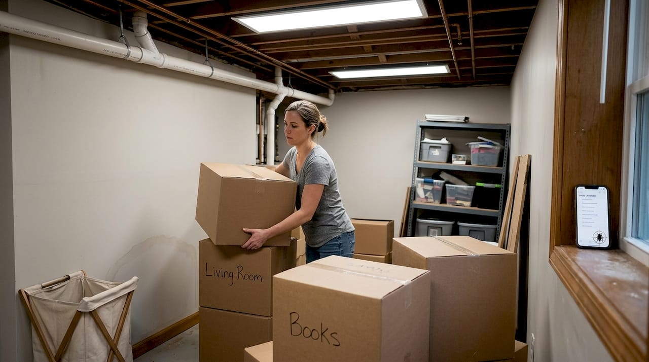 Homeowner clearing basement for pest inspection