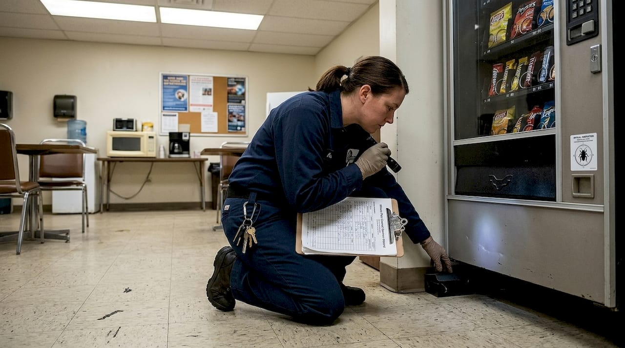 Pest control technician inspecting break room area