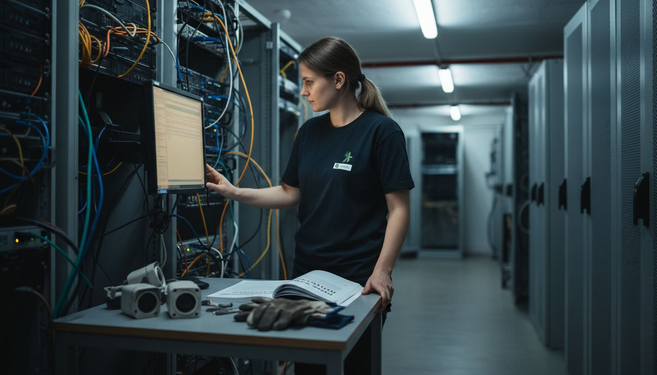 O specialistă IT verifică sistemul de supraveghere video pentru a se asigura că funcționează corect.