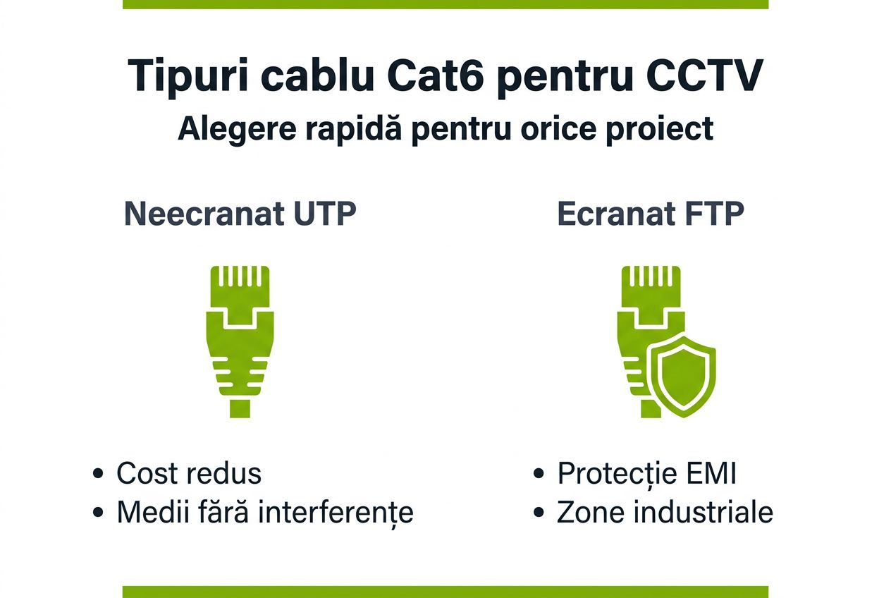 Infografic: tipuri de cabluri Cat6 și aplicații în sistemele de supraveghere video