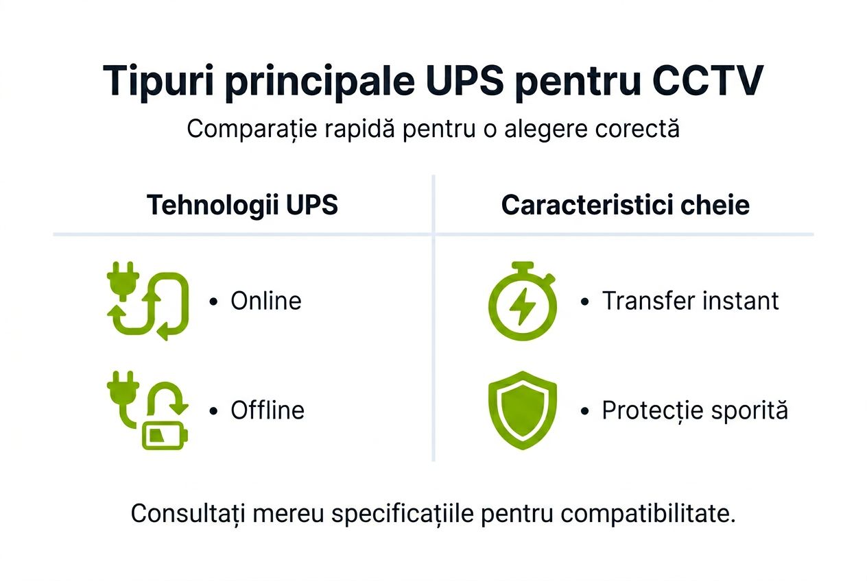 Infografic: comparație între principalele tipuri de UPS pentru sisteme de supraveghere video