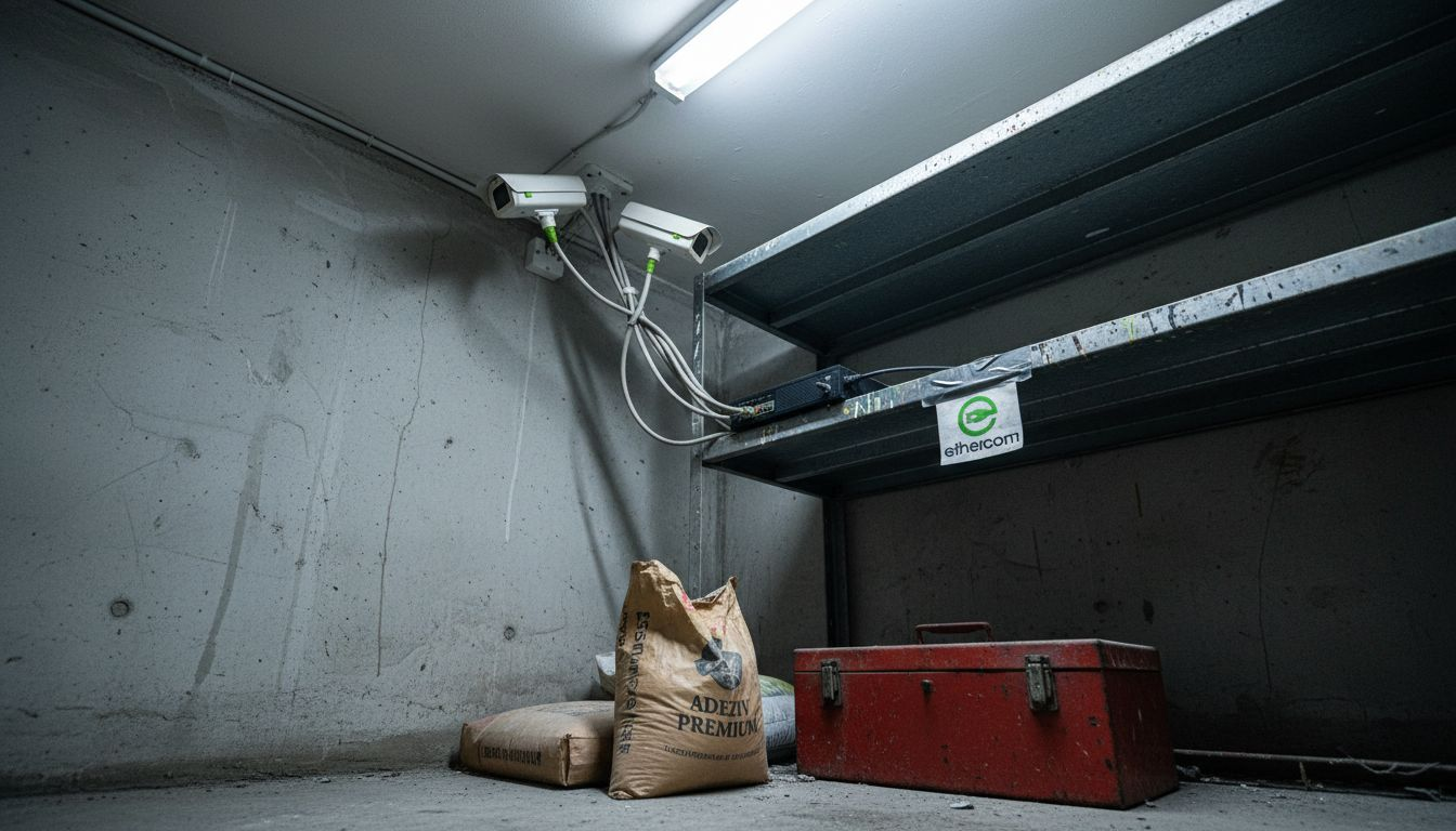 Sisteme de supraveghere video IP și cabluri instalate în garajul subteran