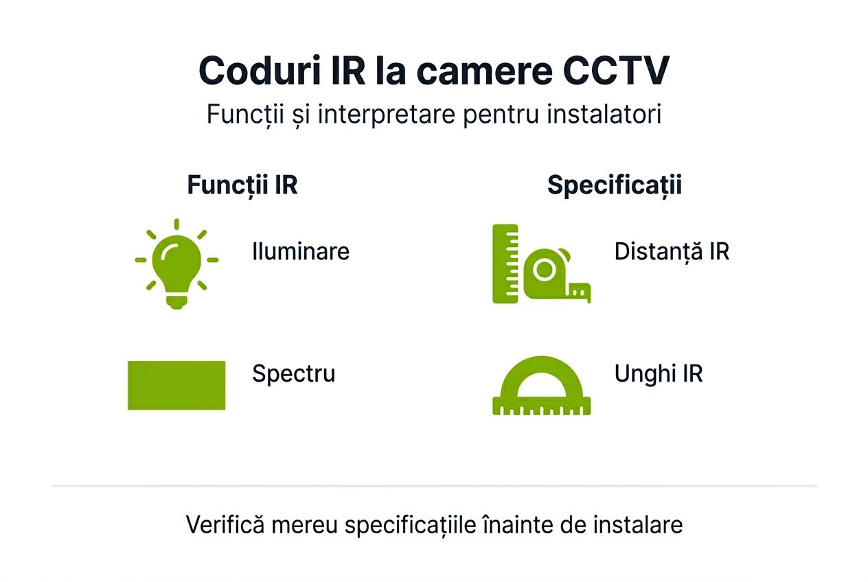 Infografic: coduri IR, funcționalități și detalii tehnice pentru sisteme CCTV