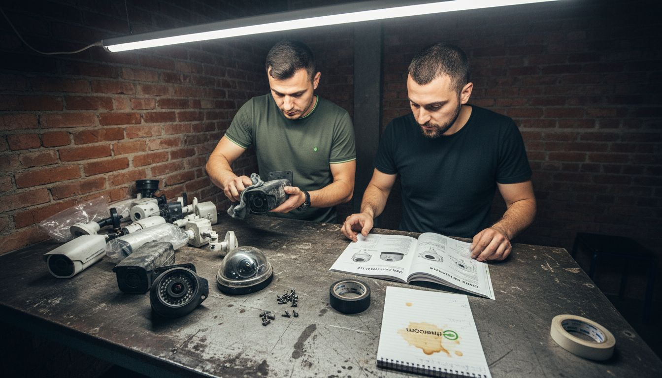 Tehnicienii inspectează și sortează camerele de supraveghere înainte de instalare.