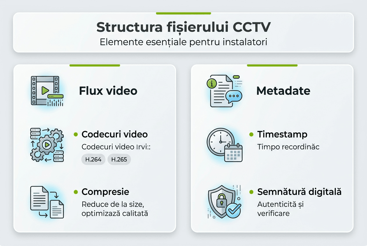 Structura unui fișier video CCTV prezentată vizual într-un infografic