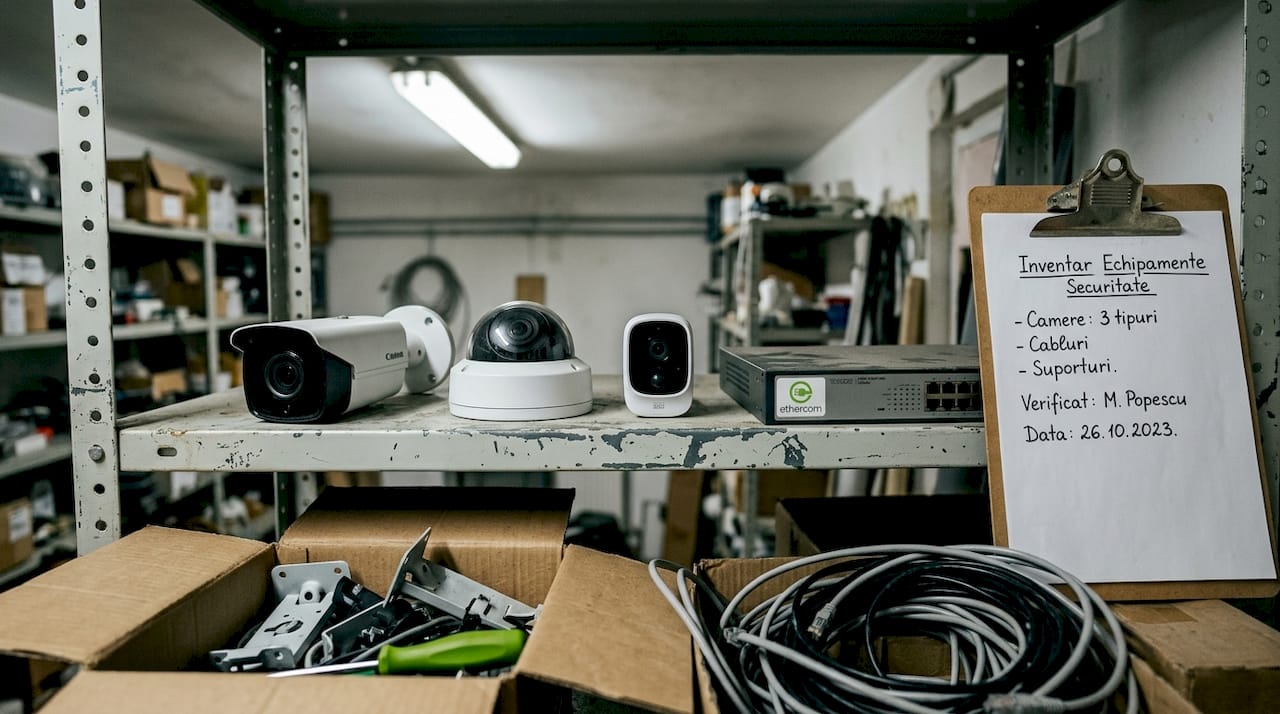 Diferite modele de camere de supraveghere CCTV expuse pe raftul de prezentare