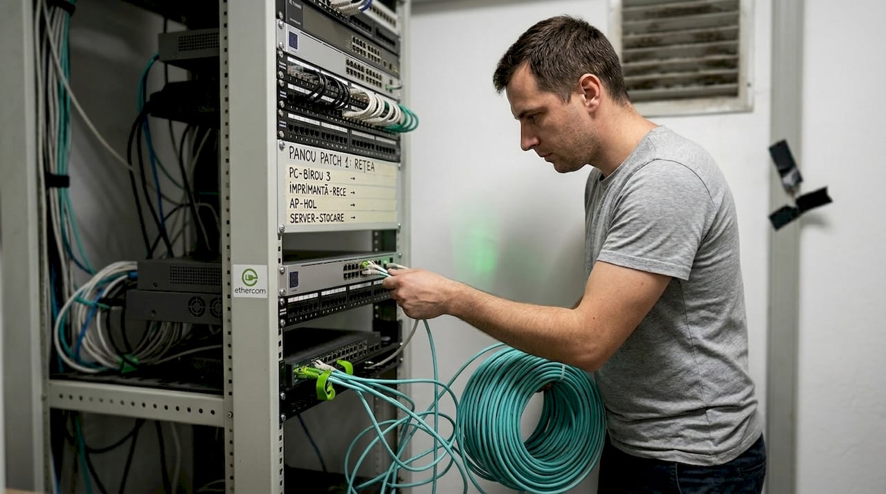 Instalatorul configurează rețeaua pentru a separa traficul CCTV prin VLAN-uri dedicate.