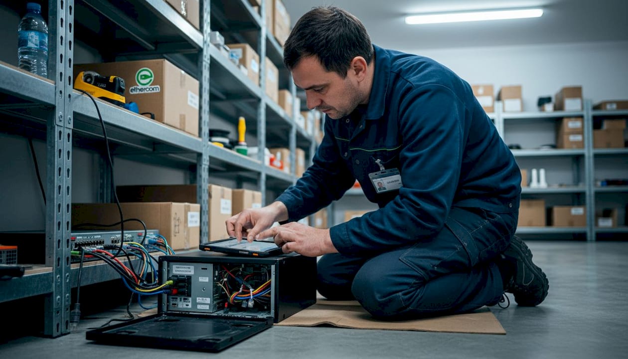 Un specialist CCTV se ocupă de configurarea sistemului în camera tehnică.