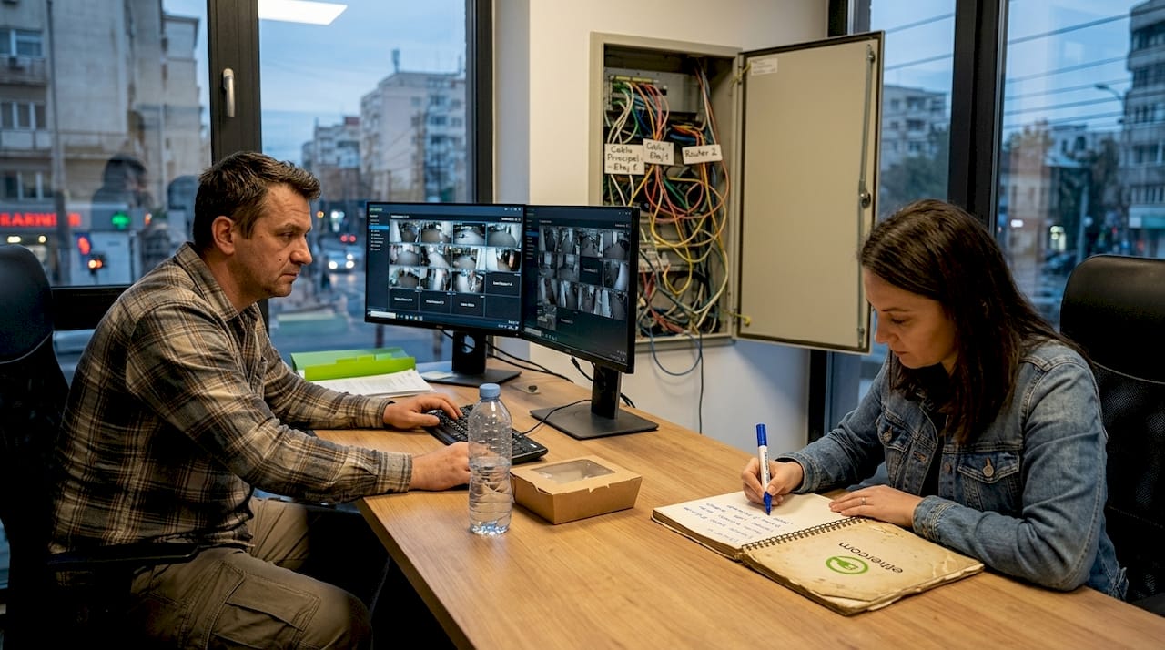 Operatorii supraveghează camerele de monitorizare din oraș, folosind conexiuni rapide de date pentru transmiterea imaginilor.