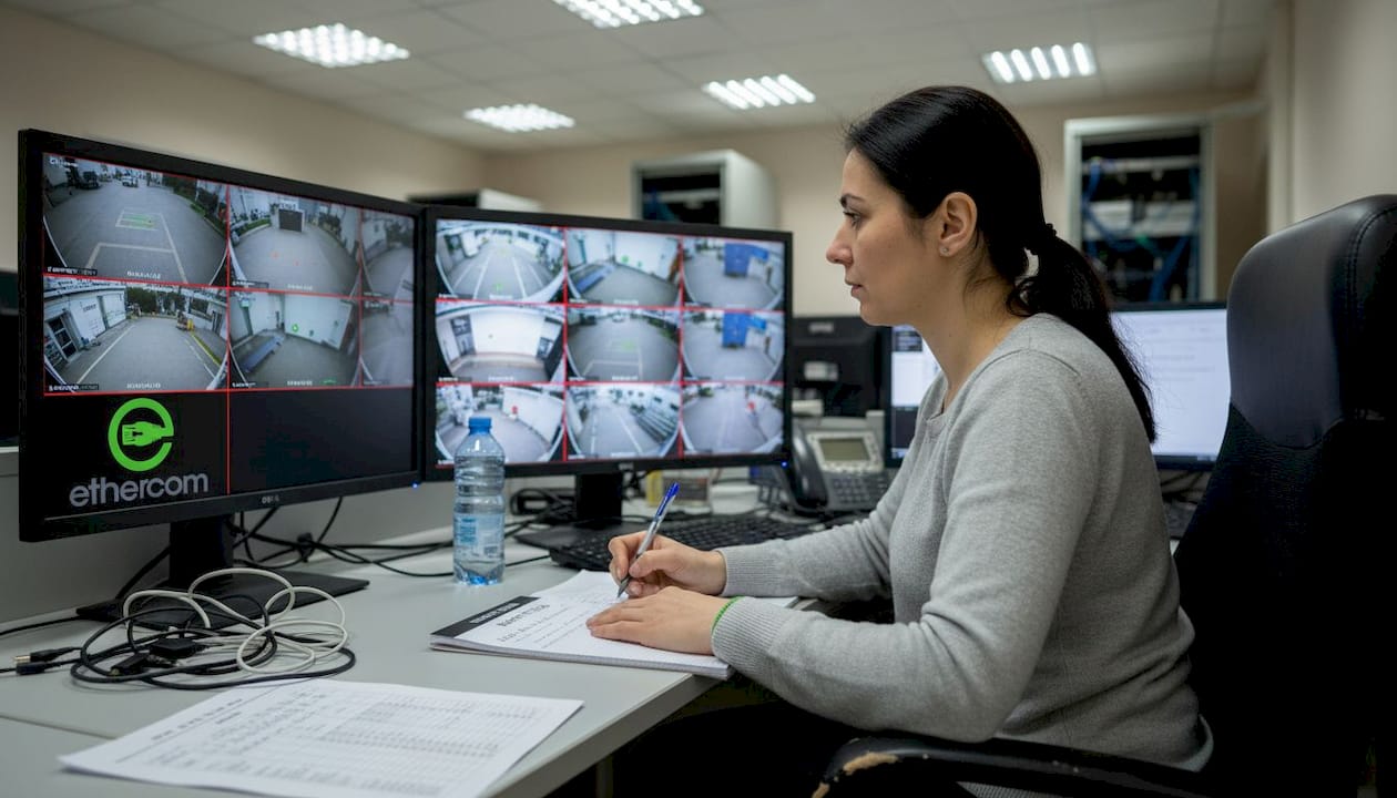 Un operator supraveghează imaginile de pe camerele de securitate, din sala de control.