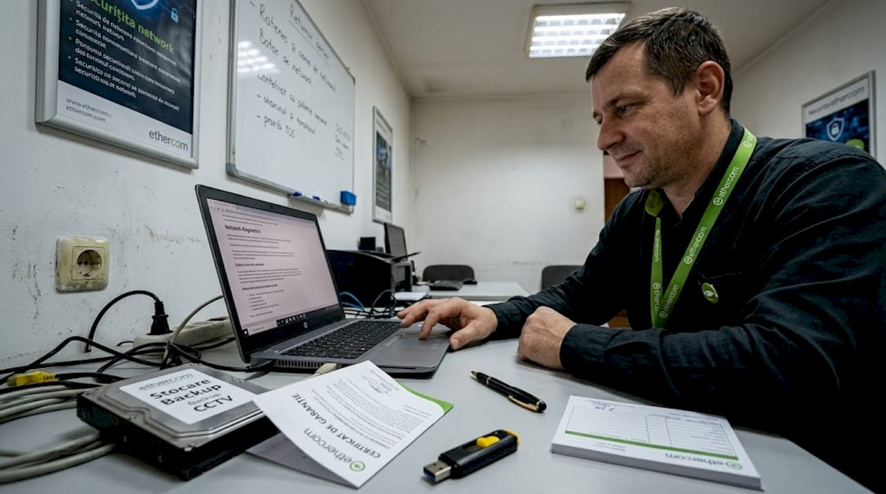 Tehnicianul verifică dacă backup-ul sistemului de supraveghere video funcționează corect.