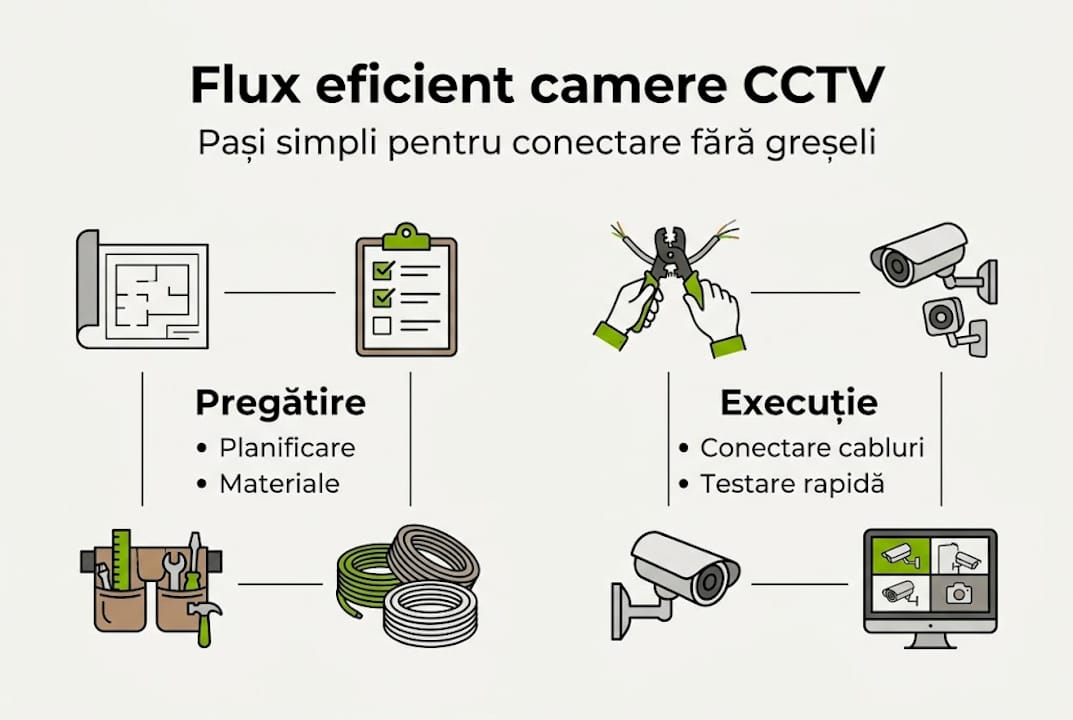 Infografic: pașii esențiali pentru configurarea și conectarea camerelor de supraveghere video