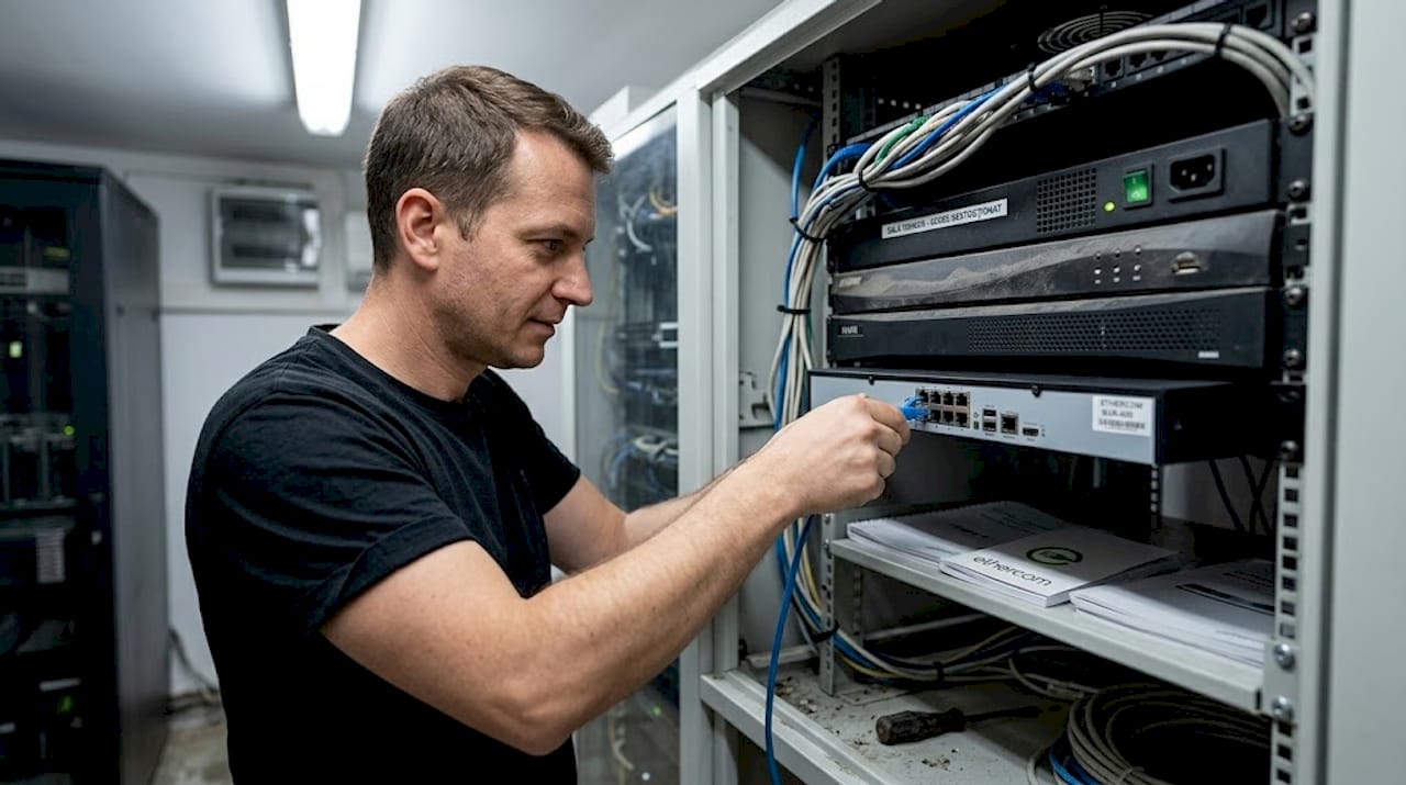 Un tehnician montează un NVR nou în camera tehnică.