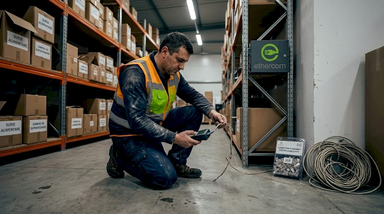 Un instalator verifică starea unui cablu CCTV care prezintă semne de deteriorare.