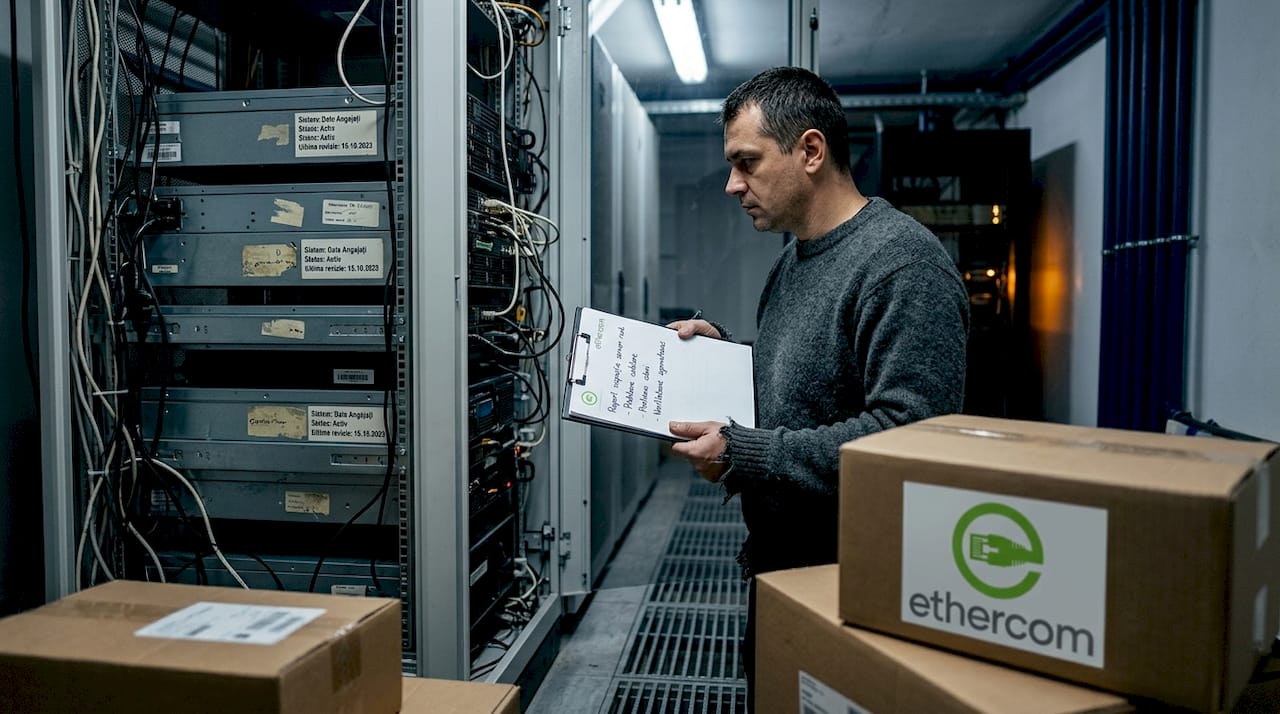 Administratorul verifică rack-ul de servere, analizând atent cablurile și conexiunile.