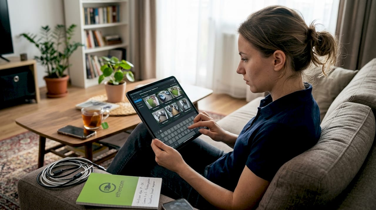 Un tehnician rezolvă o problemă la sistemul de supraveghere video direct din living, folosindu-se de o tabletă.