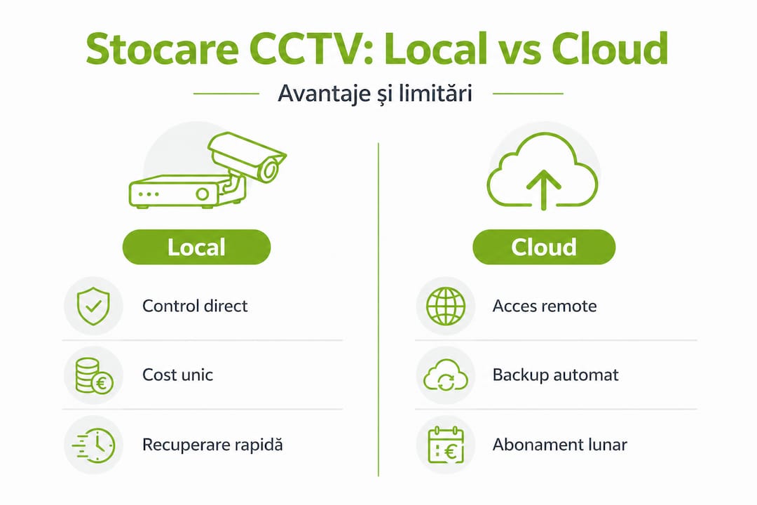 Infografic: Stocare locală vs. stocare în cloud pentru sistemele CCTV – avantaje și dezavantaje