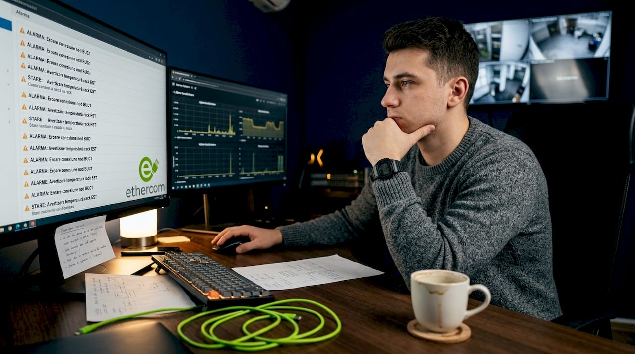 Un tehnician urmărește și analizează alertele afișate pe monitor