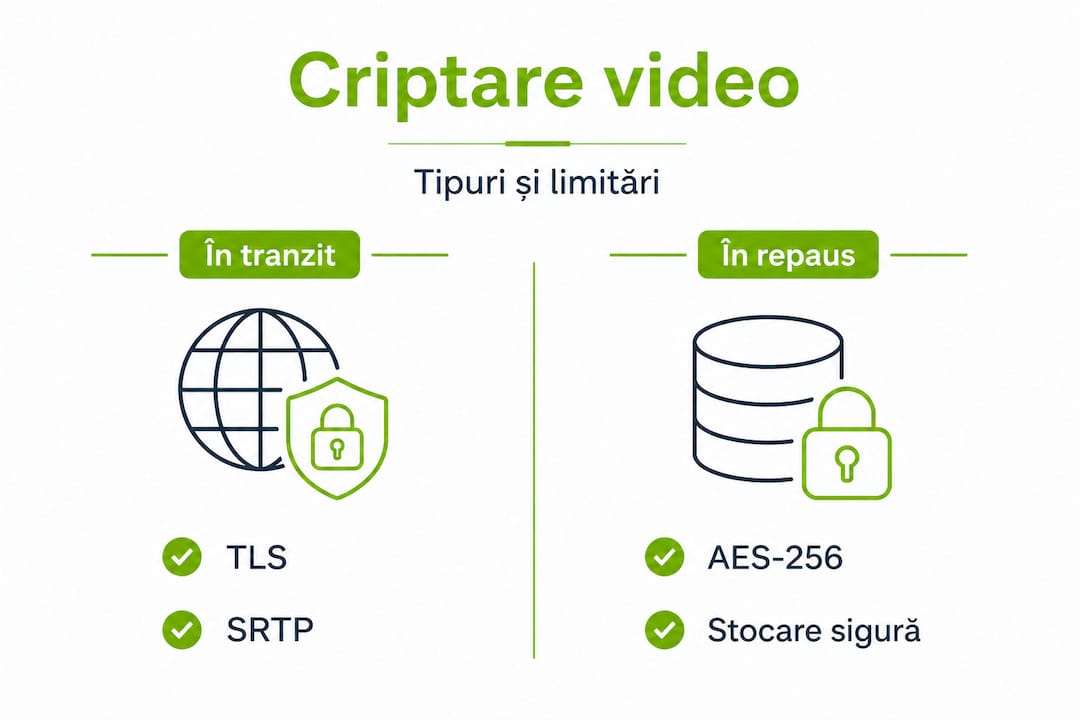 Infografic: Cum sunt protejate fluxurile video – criptarea datelor în timpul transmiterii și stocării
