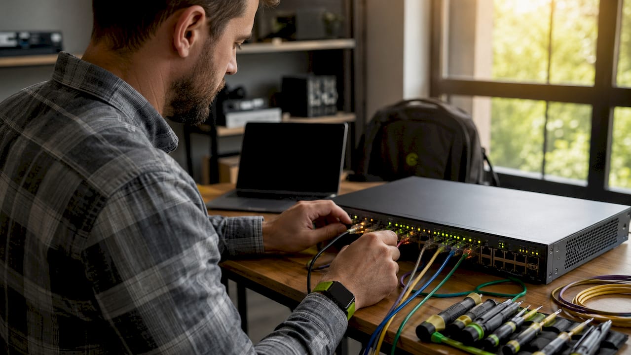 Mâinile unui tehnician aranjând și conectând cablurile unui switch PoE