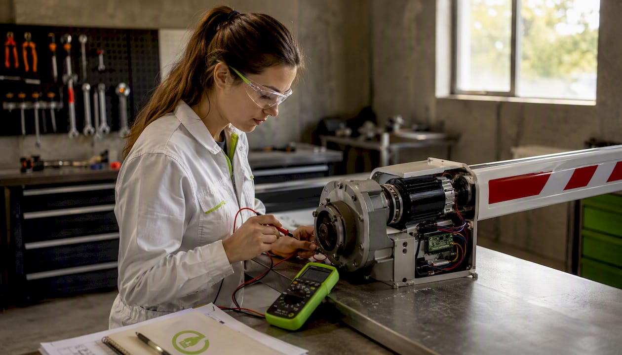 Un tehnician verifică funcționarea unei bariere cu motor fără perii.
