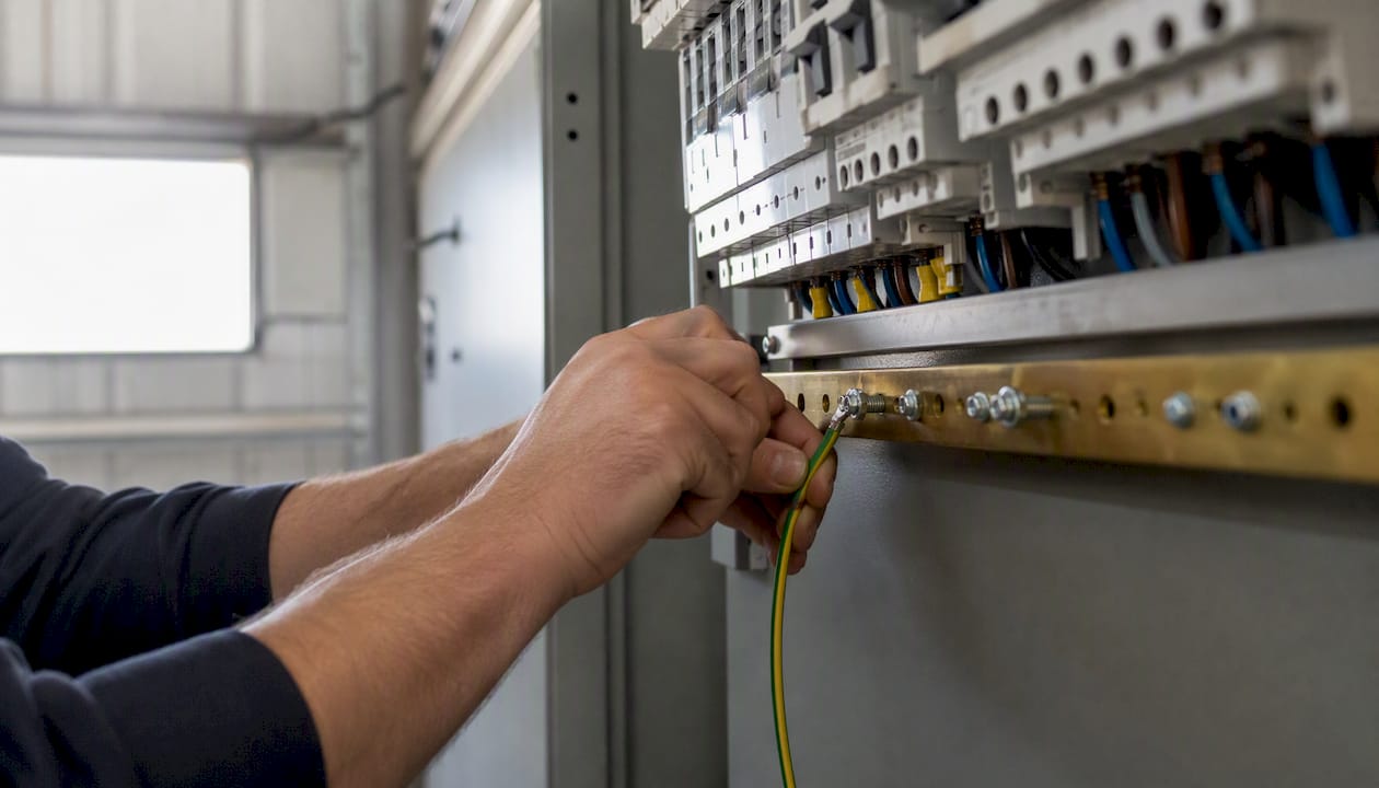 Electricianul conectează firul de împământare al SPD-ului la bara de împământare.
