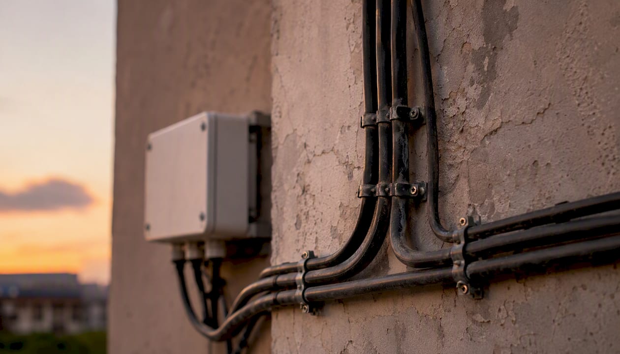 Montajul cablurilor CCTV în exterior, protejate împotriva supratensiunilor, asigură funcționarea optimă a sistemului de supraveghere și siguranța echipamentelor.