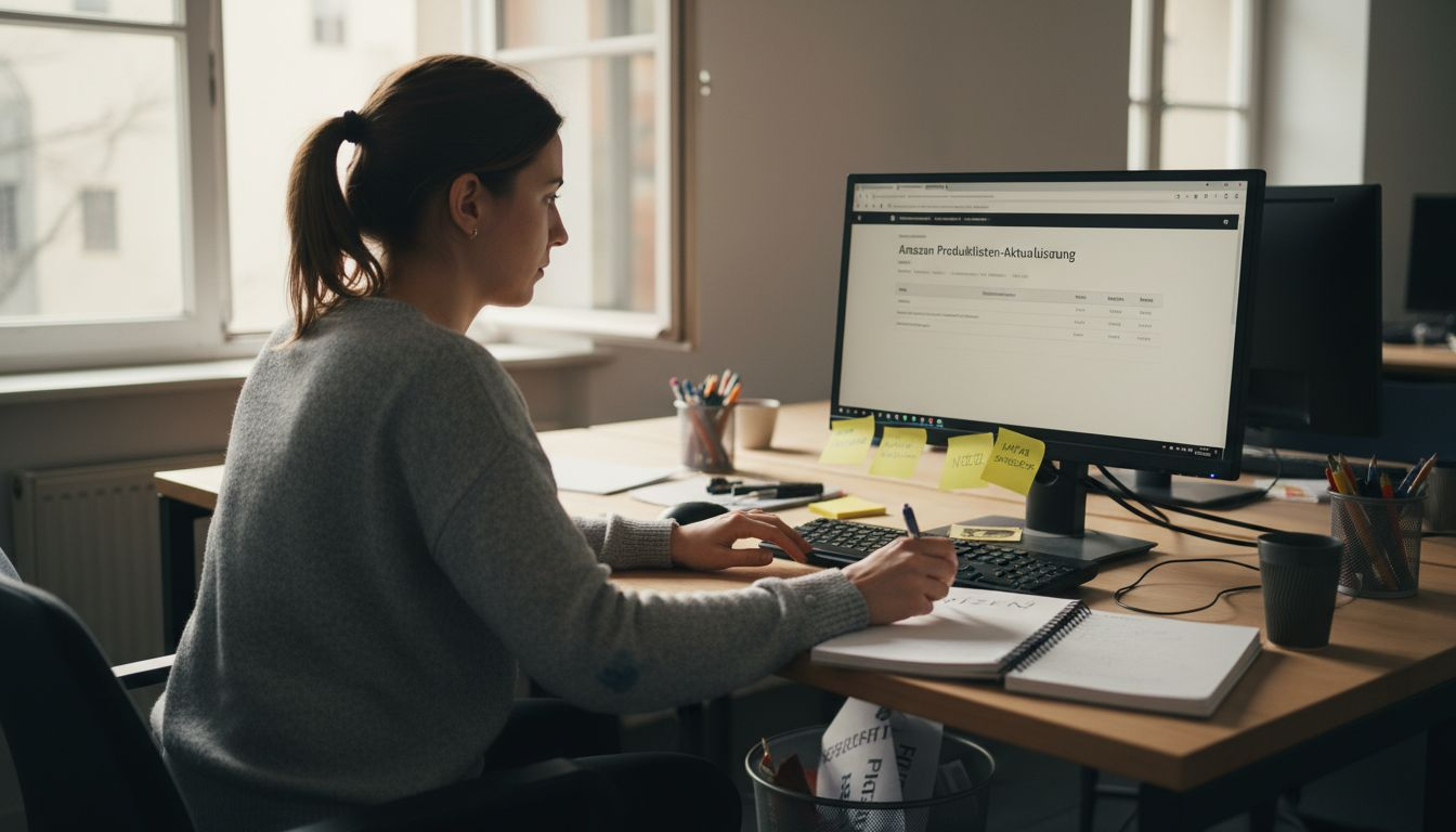 Eine Frau sitzt konzentriert am Schreibtisch und arbeitet daran, ihr Amazon-Angebot zu verbessern.