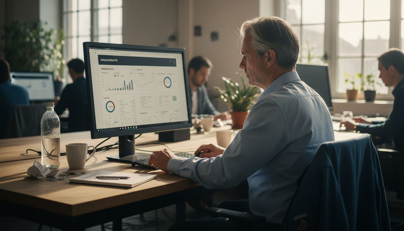 Ein Mitarbeiter analysiert am Computer die wichtigsten Kennzahlen zur Amazon Buy Box.