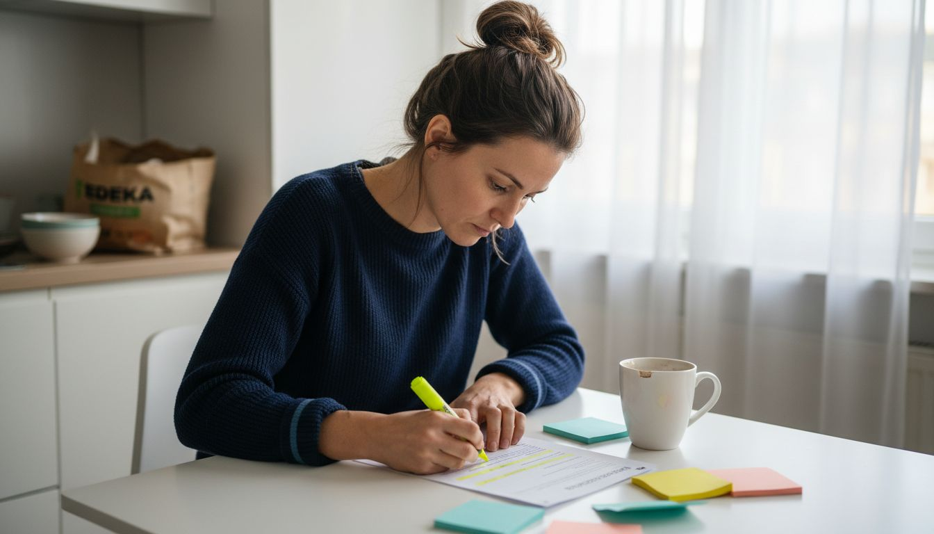 Eine Frau überprüft die Stichpunkte eines Amazon-Produkts auf einem Ausdruck.