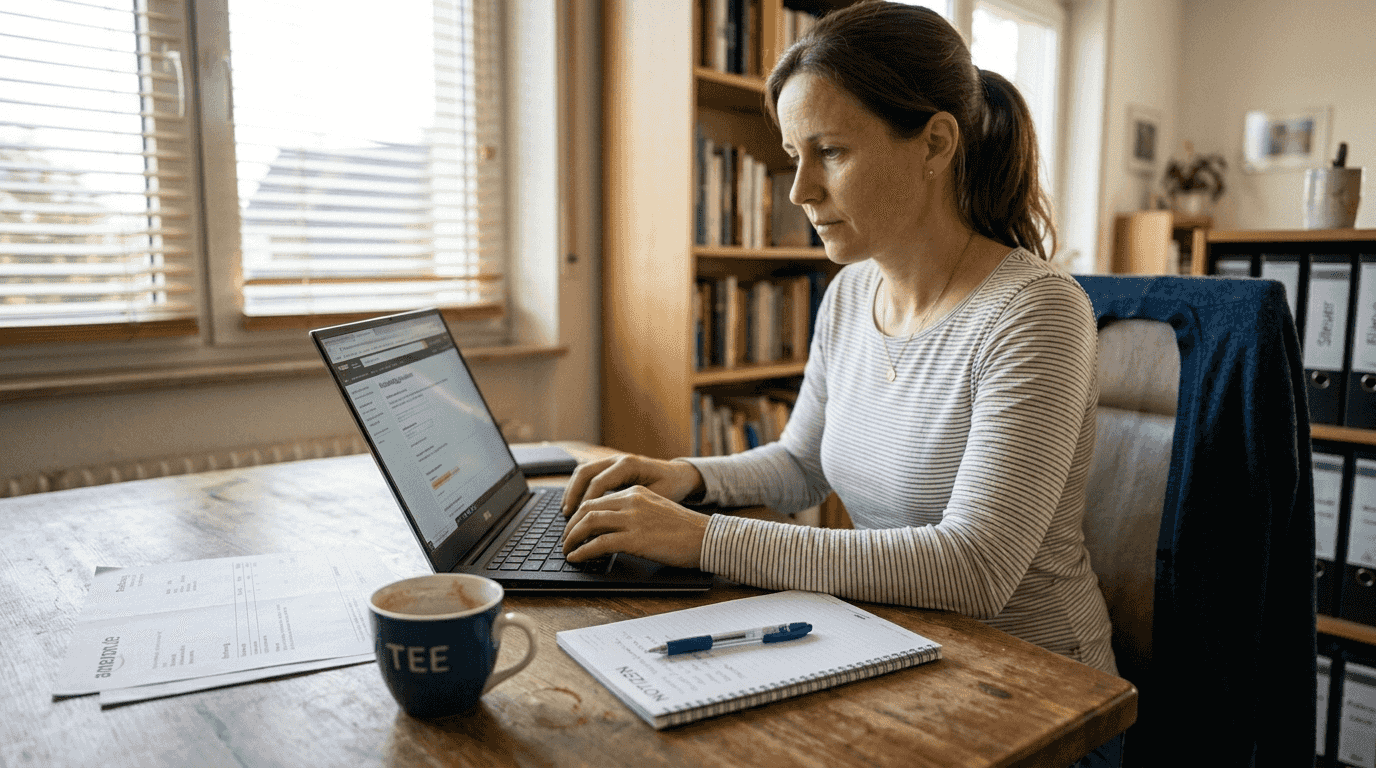 Eine Frau sitzt am Laptop und schildert ihr Anliegen an den Amazon-Kundenservice.