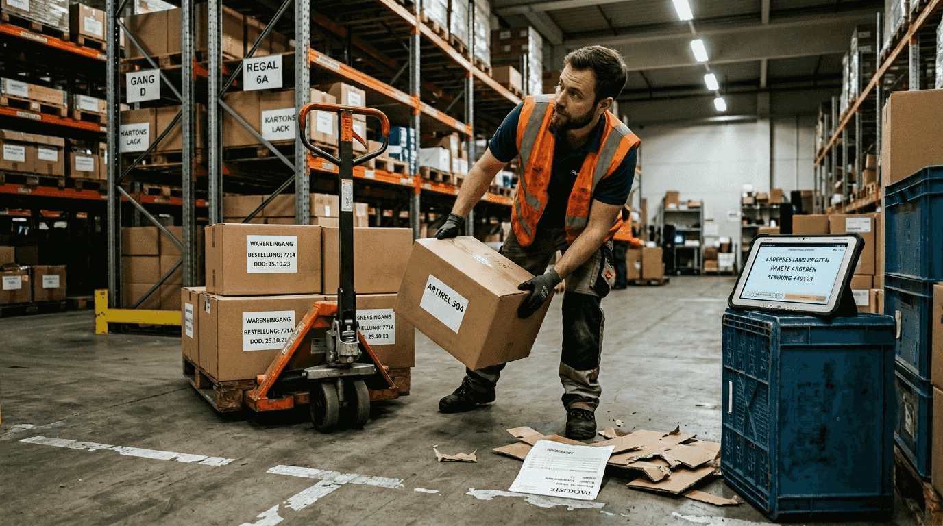 Ein Mitarbeiter nimmt die neue Warenlieferung von Amazon in Empfang und bereitet sie für die Weiterverarbeitung vor.