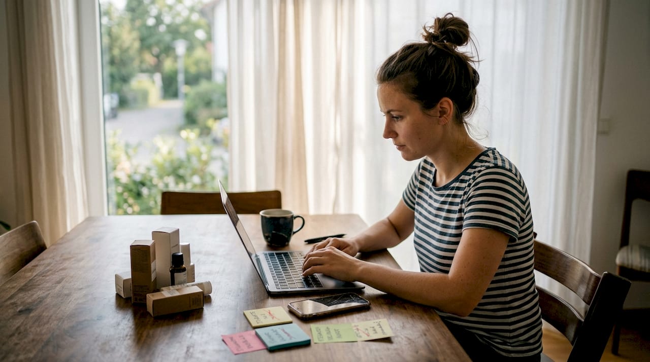 Eine Frau überarbeitet und optimiert die Produktbeschreibung für ihren Amazon-Shop, um mehr Kunden anzusprechen.