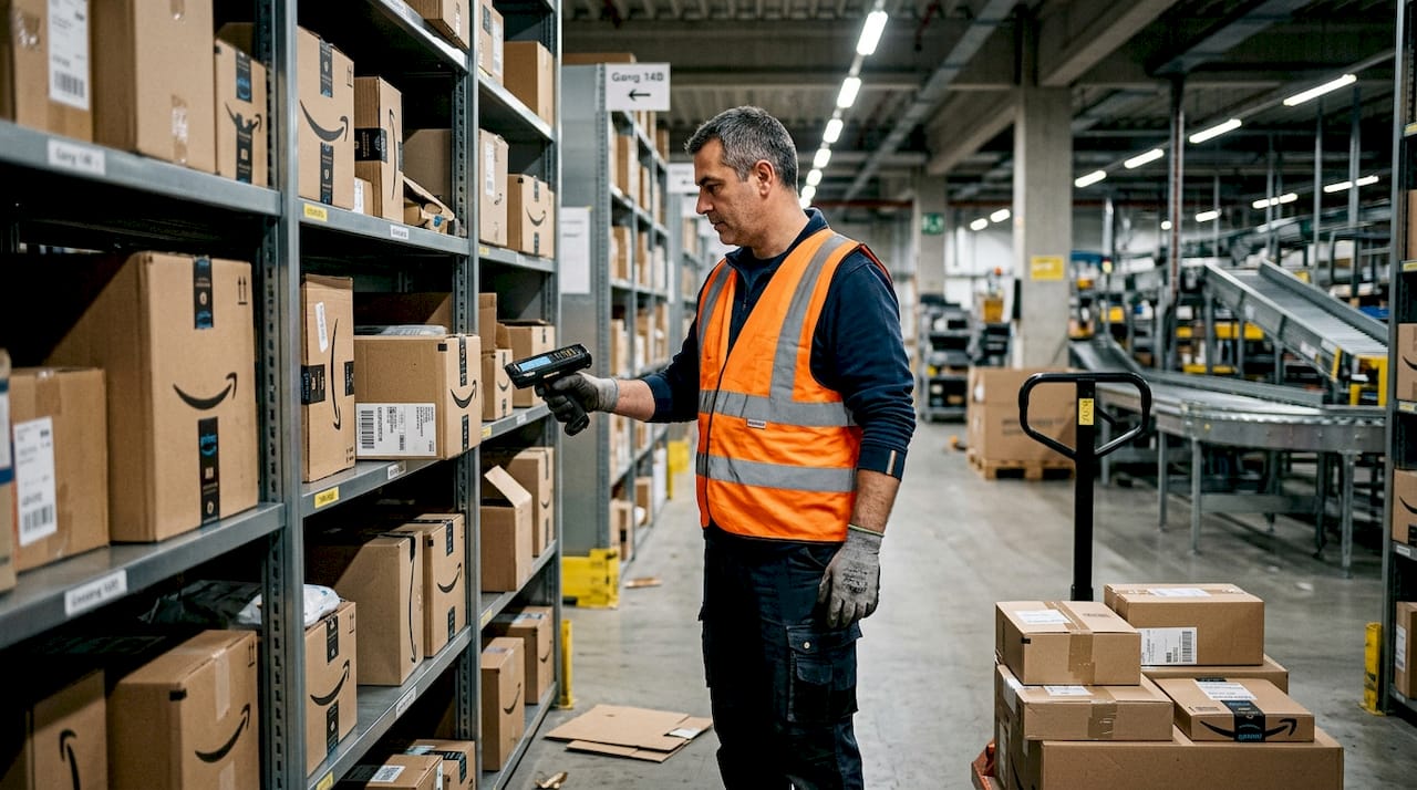 Im Amazon-Logistikzentrum wird ein Paket von einem Mitarbeiter eingescannt.