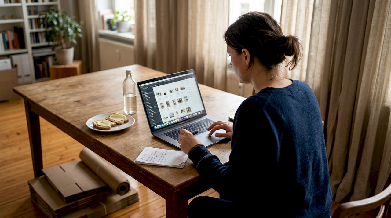 Eine Frau arbeitet von zu Hause aus und bringt Amazon-Produktbeschreibungen auf Vordermann.